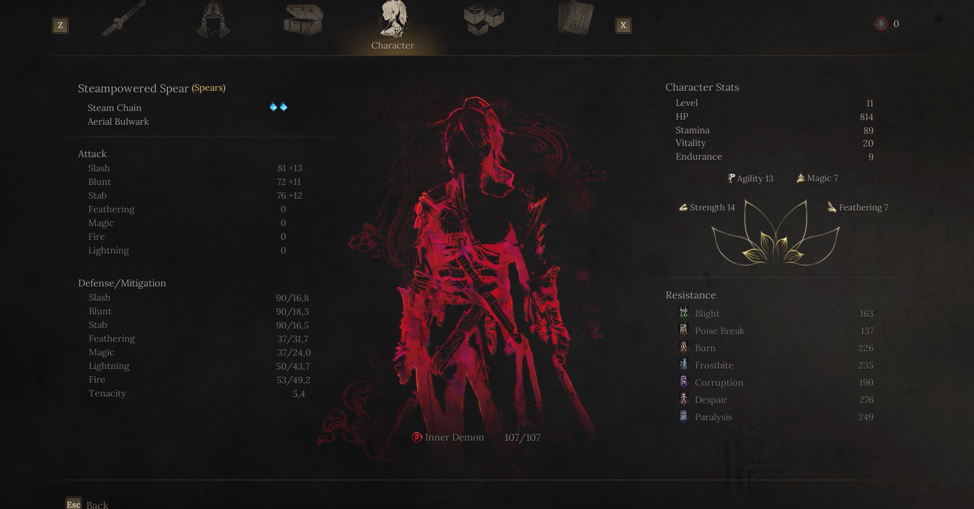 A Wuchang: Creatshot de penas caídas mostrando o menu do personagem. Nele, você pode ver a silhueta de Wuchang em vermelho, representando o nível de loucura que ela é. Existem algumas estatísticas descritas em outras seções da tela, como ataque, defesa, resistência e outras estatísticas. A Wuchang: Creatshot de penas caídas mostrando o menu do personagem. Nele, você pode ver a silhueta de Wuchang em vermelho, representando o nível de loucura que ela é. Existem algumas estatísticas descritas em outras seções da tela, como ataque, defesa, resistência e outras estatísticas.