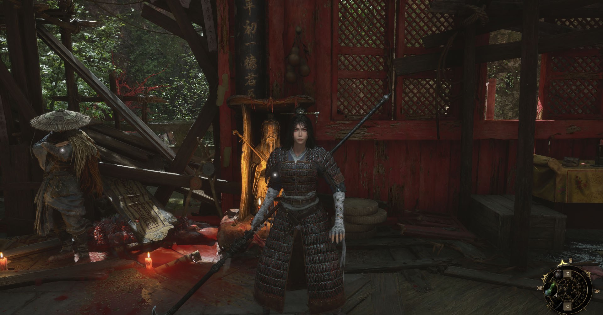 Uma captura de tela de penas caídas mostrando o personagem principal, Wuchang, de frente para a câmera com olhos brilhantes vermelhos. Ela está ao lado de um santuário. Uma captura de tela de penas caídas mostrando o personagem principal, Wuchang, de frente para a câmera com olhos brilhantes vermelhos. Ela está ao lado de um santuário.