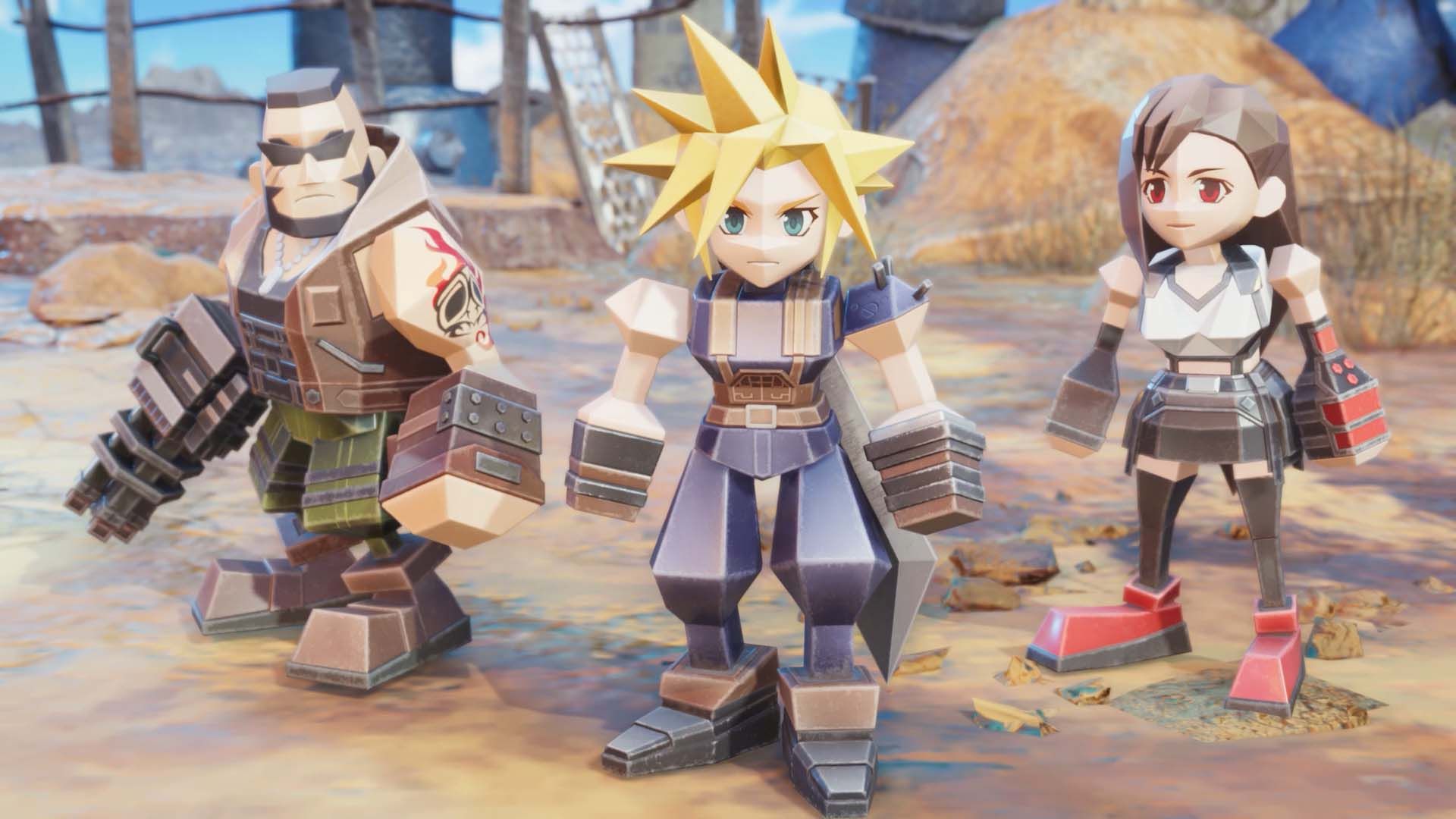 Uma nuvem poligonal, no estilo Chibi, Tifa e Barret no minijogo de Fort Condor de Final Fantasy 7 Rebirth