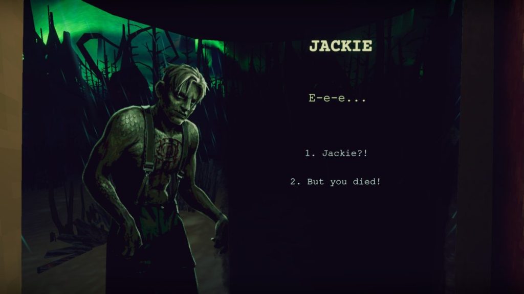 Um Jackie ressuscitado com pele verde, brânquias e uma marca ritualística no peito