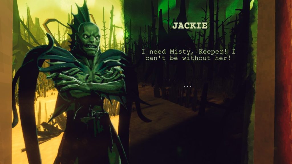 Um Jackie totalmente transformado, parte humano, parte peixe, pedindo enevoado