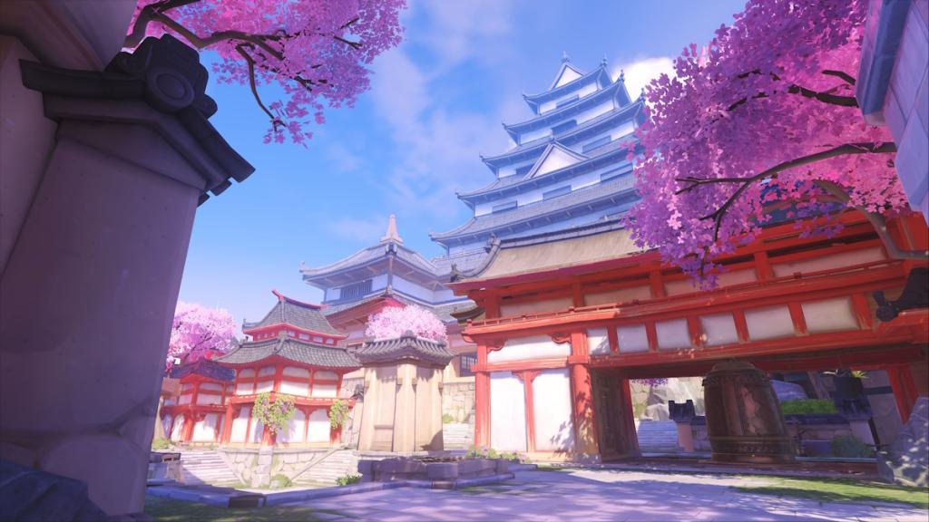 Uma arte conceitual do mapa de Hanaka em Overwatch 2 mostrando edifícios de estilo japonês.