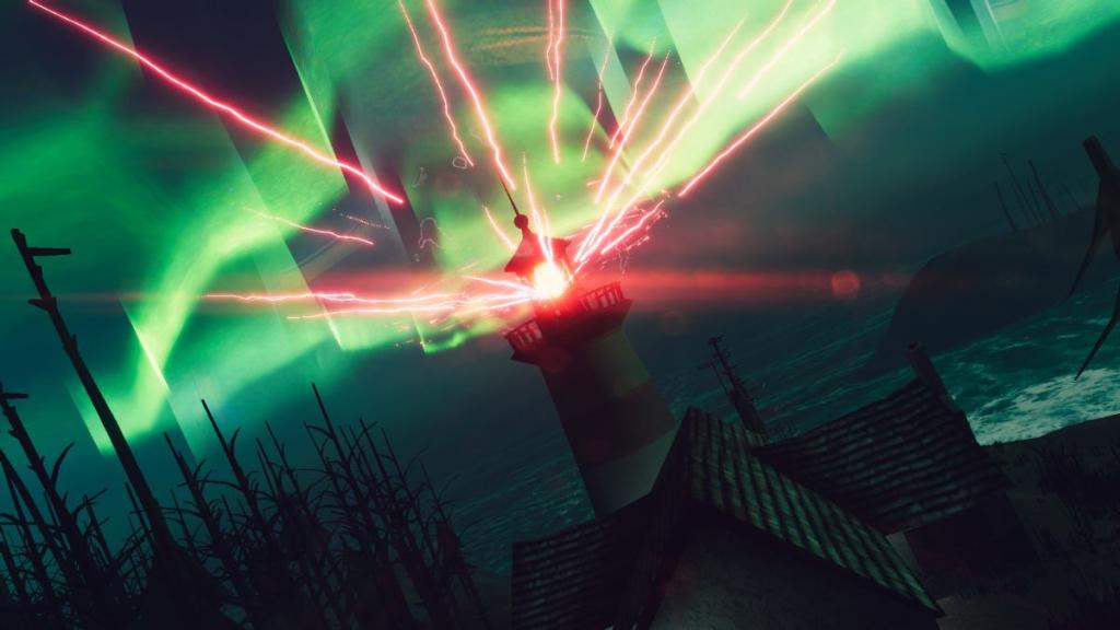 Vigas vermelhas voando para fora da luz do farol enquanto a aurora flutua acima