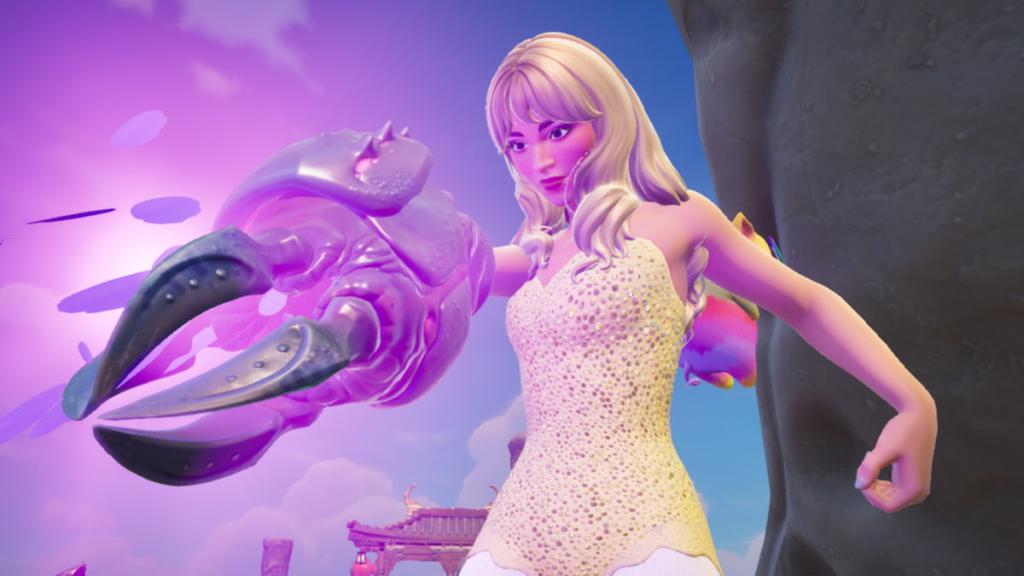 Sabrina Carpenter usando um blaster de inseto roxo em Fortnite