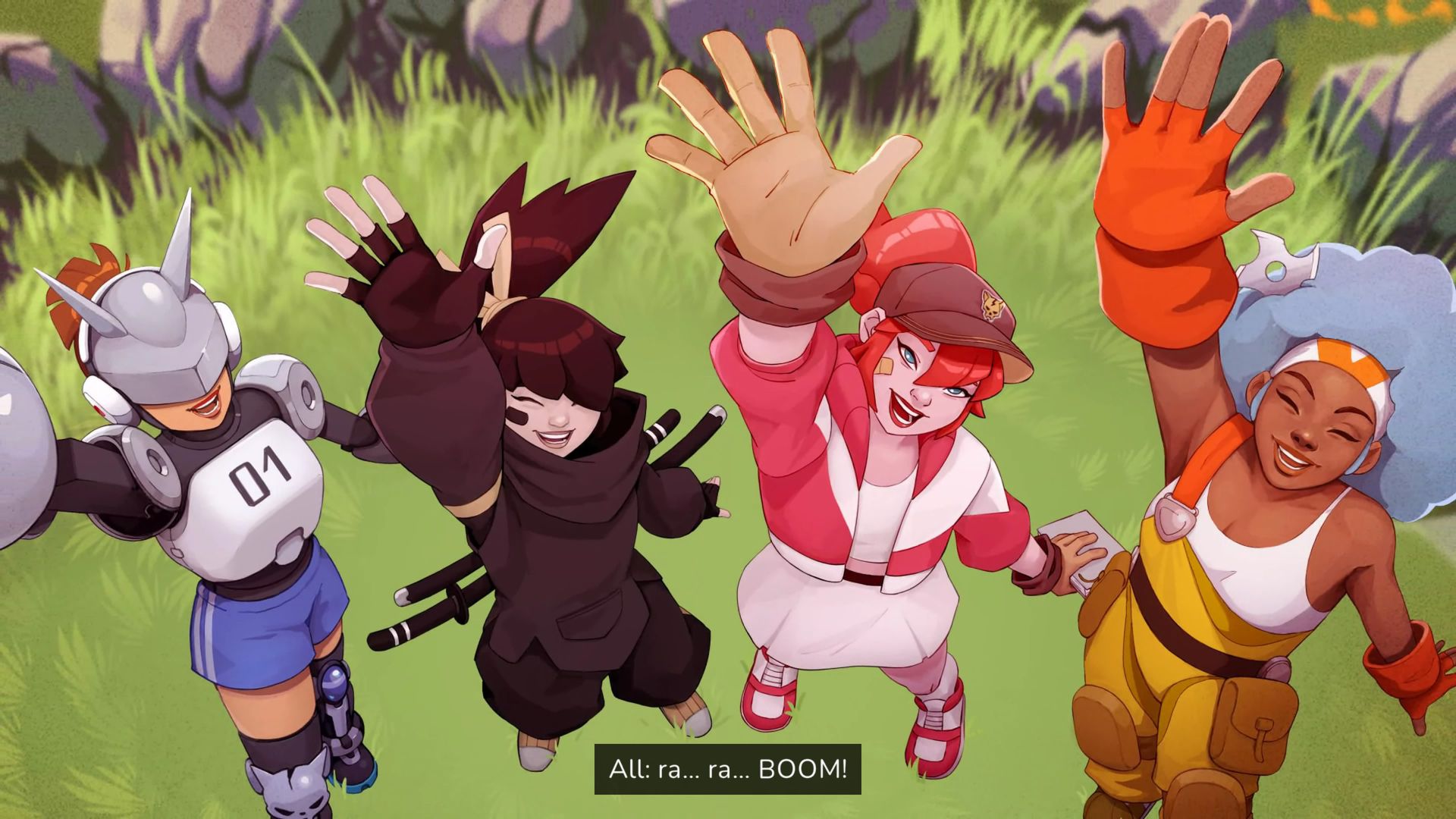 Os quatro personagens principais olham para a câmera, aplaudindo "Reino Unido ... Reino Unido ... Boom!"