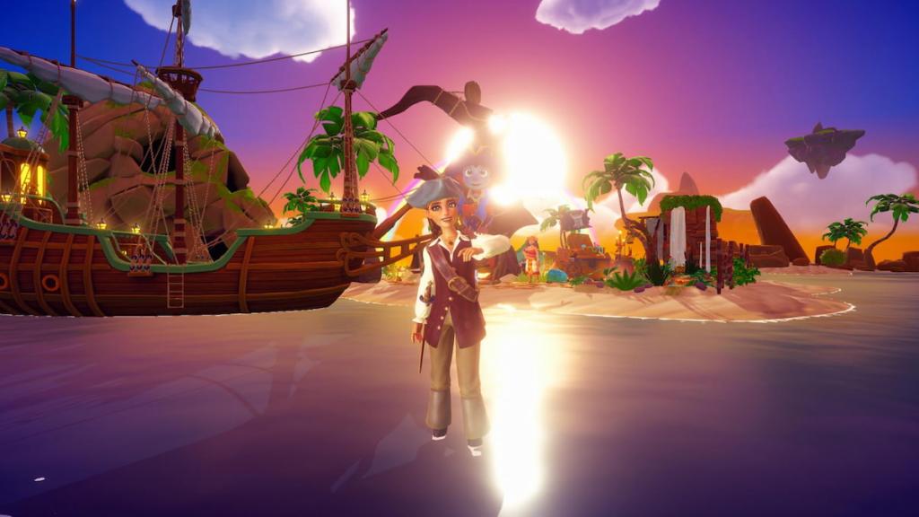Um personagem vestido como um pirata em pé na água em frente ao navio e na ilha de tesouros com um macaco no ombro no Disney Dreamlight Valley