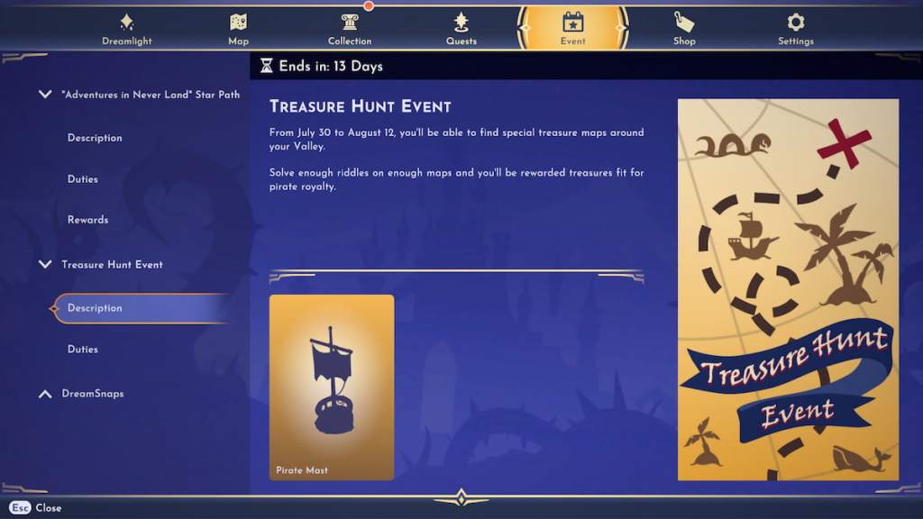 Página de eventos de caça ao tesouro em Disney Dreamlight Valley