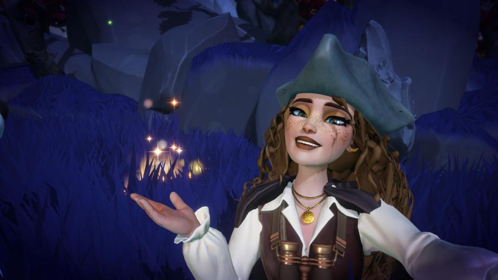 Um personagem com cabelos encaracolados marrons e um chapéu de pirata segurando a mão sob uma rachadura dourada no Disney Dreamlight Valley