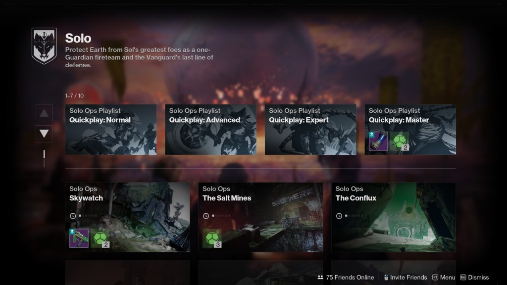 A interface do portal mostrando algumas poucas atividades no Destiny 2