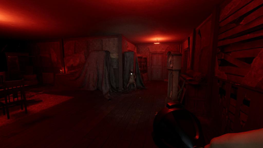 Um fantasma de criança pequena em uma sala vermelha na fazenda de Grafton em fasmofobia