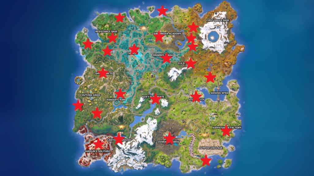 Todos os locais de briefing das sombras marcadas em um mapa com estrelas vermelhas em Fortnite