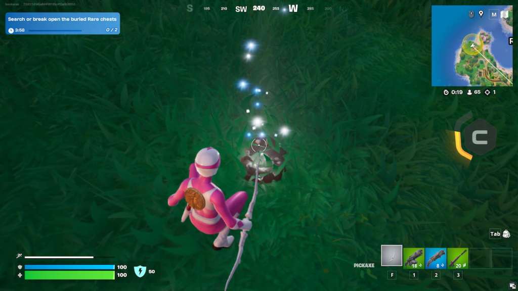 Ranger rosa desenterrando ponto brilhante para tesouro em Fortnite