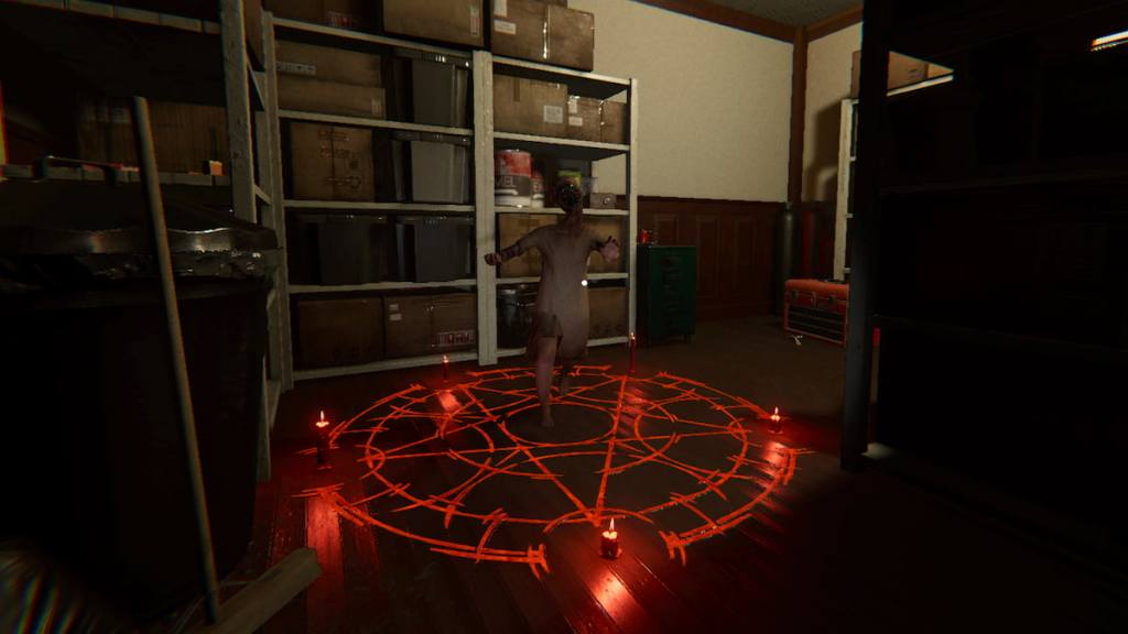 Um pequeno fantasma em um círculo vermelho em Bleasdale em fasmofobia