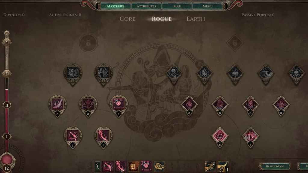 Árvores de habilidade, passivas e telas de várias classes em Titan Quest 2.