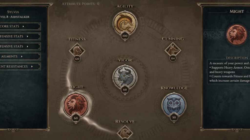 Tela de nivelamento de atributo no Titan Quest 2.