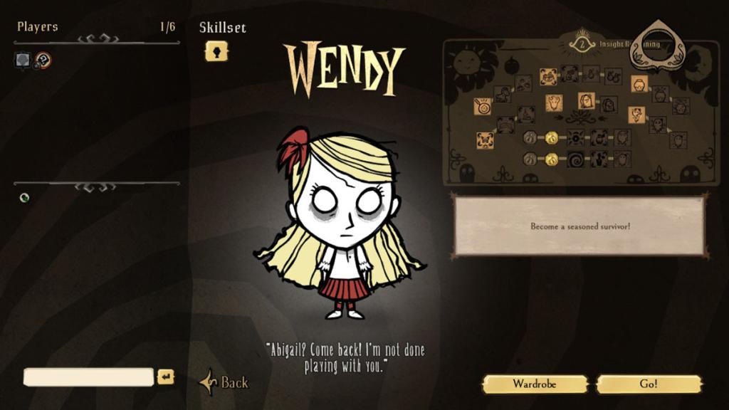 A árvore de habilidades de Wendy, como visto em Don't Starve juntos.