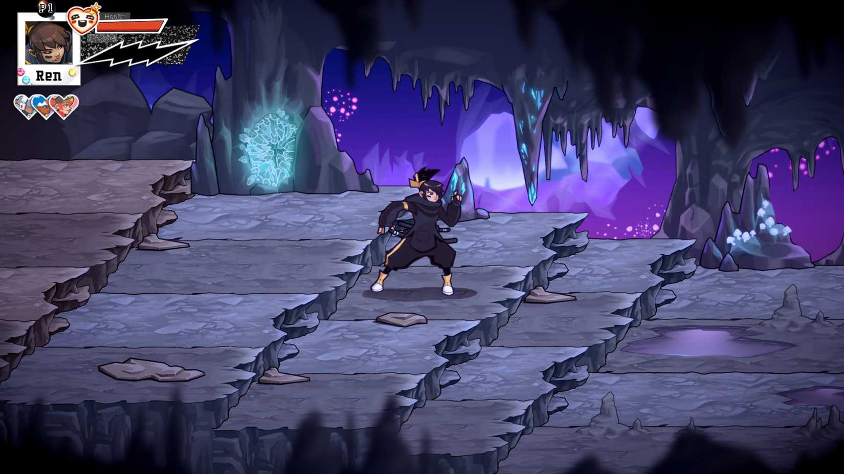 Ren, um líder de Ninja-Cheer, empunhando um Katana e Ninja Stars, explora o sistema surpreendentemente colorido e exuberante do jogo.