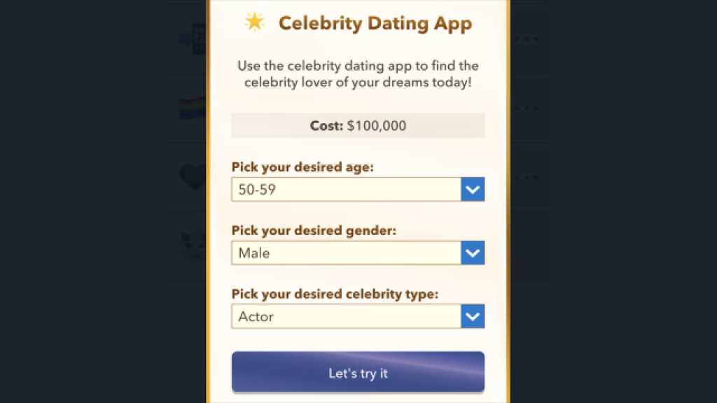 Menu do aplicativo de namoro de celebridades BitLife
