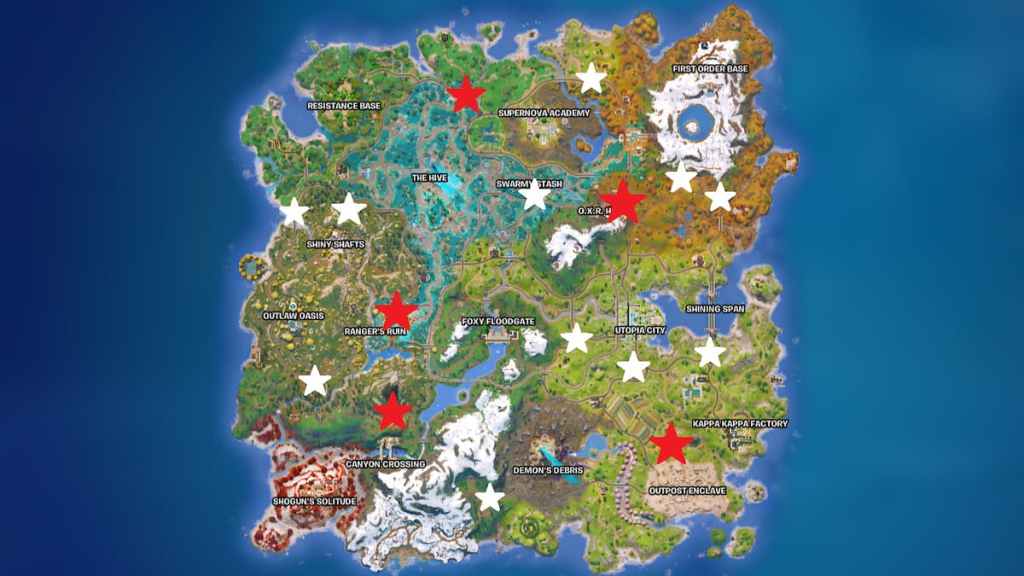 Locais de tórax OXR marcados no mapa da ilha Fortnite