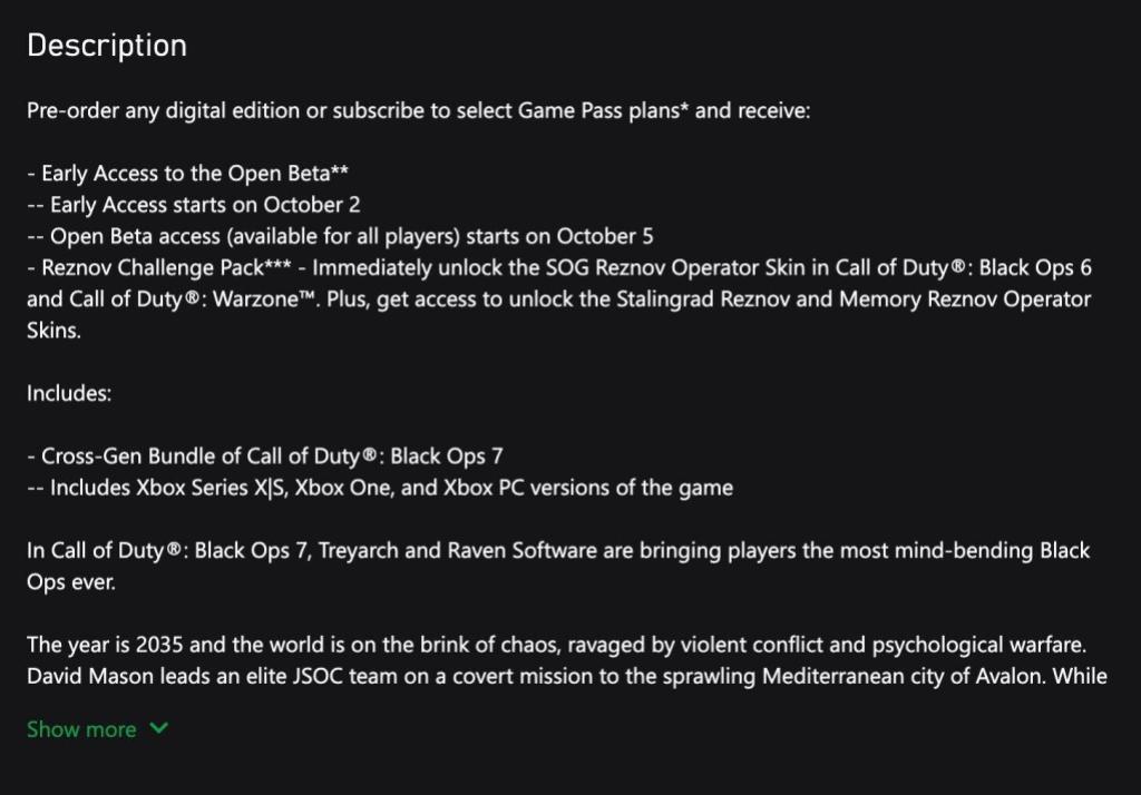 Xbox Store Descrição do pacote Black Ops 7 Cross-Gen