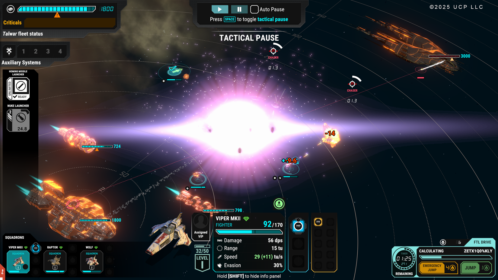 Imagem do combate espacial em tempo real. Inclui vários navios disparando um para o outro. Uma captura de tela da Battlestar Galactica: esperanças dispersas.