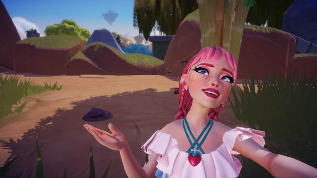 Um personagem com tranças rosa segurando as mãos sob argila no chão em Disney Dreamlight Valley