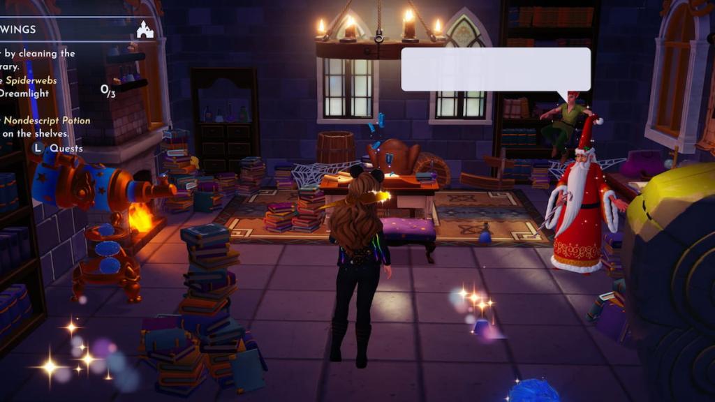 Caráter do Disney Dreamlight Valley, ajudando Merlin a limpar a biblioteca