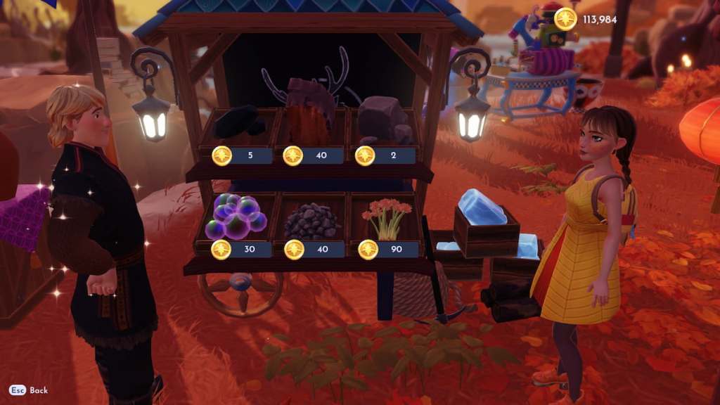 Alguns itens à venda na barraca de Kristoff em Disney Dreamlight Valley