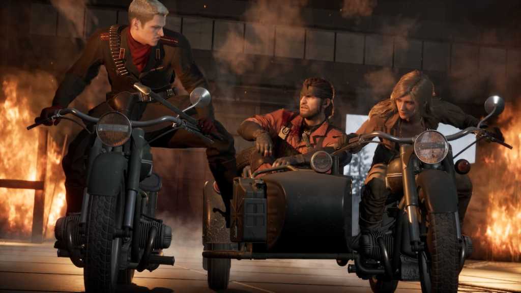 Ocelot, Snake e Eva lutam em motocicletas em MGS Delta Snake Eater