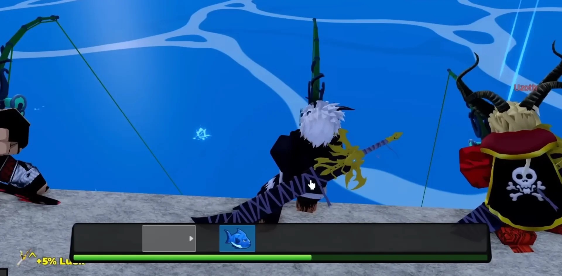 Visualização do minijogo de pesca na experiência do blox frutas roblox.
