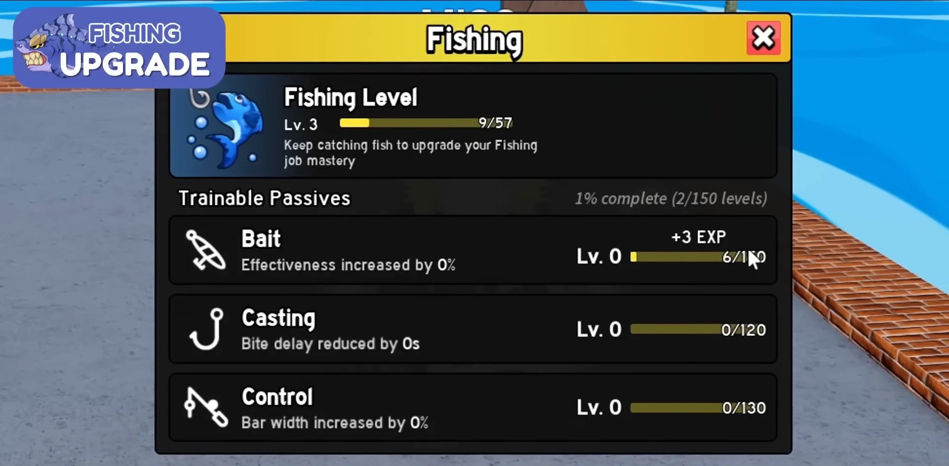 Visualização do menu de domínio da pesca em Blox Fruits Roblox Experience.