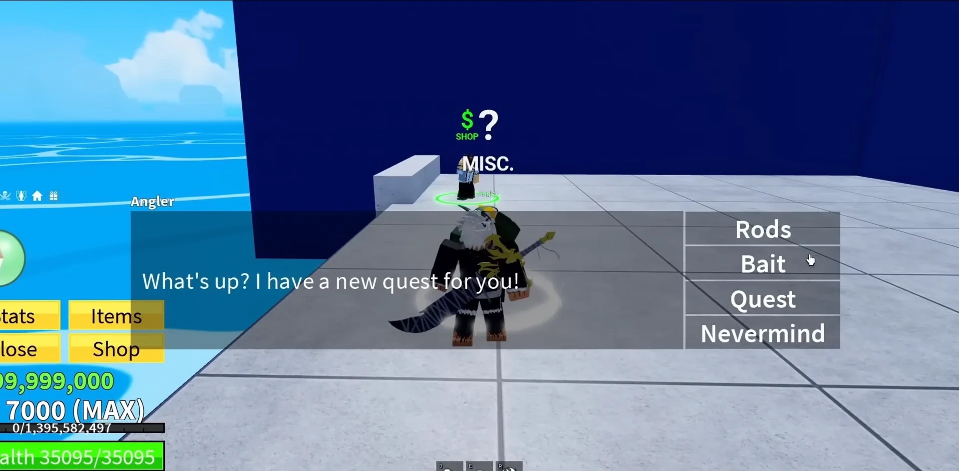 Localização do NPC de Angler na experiência do blox frutas roblox.