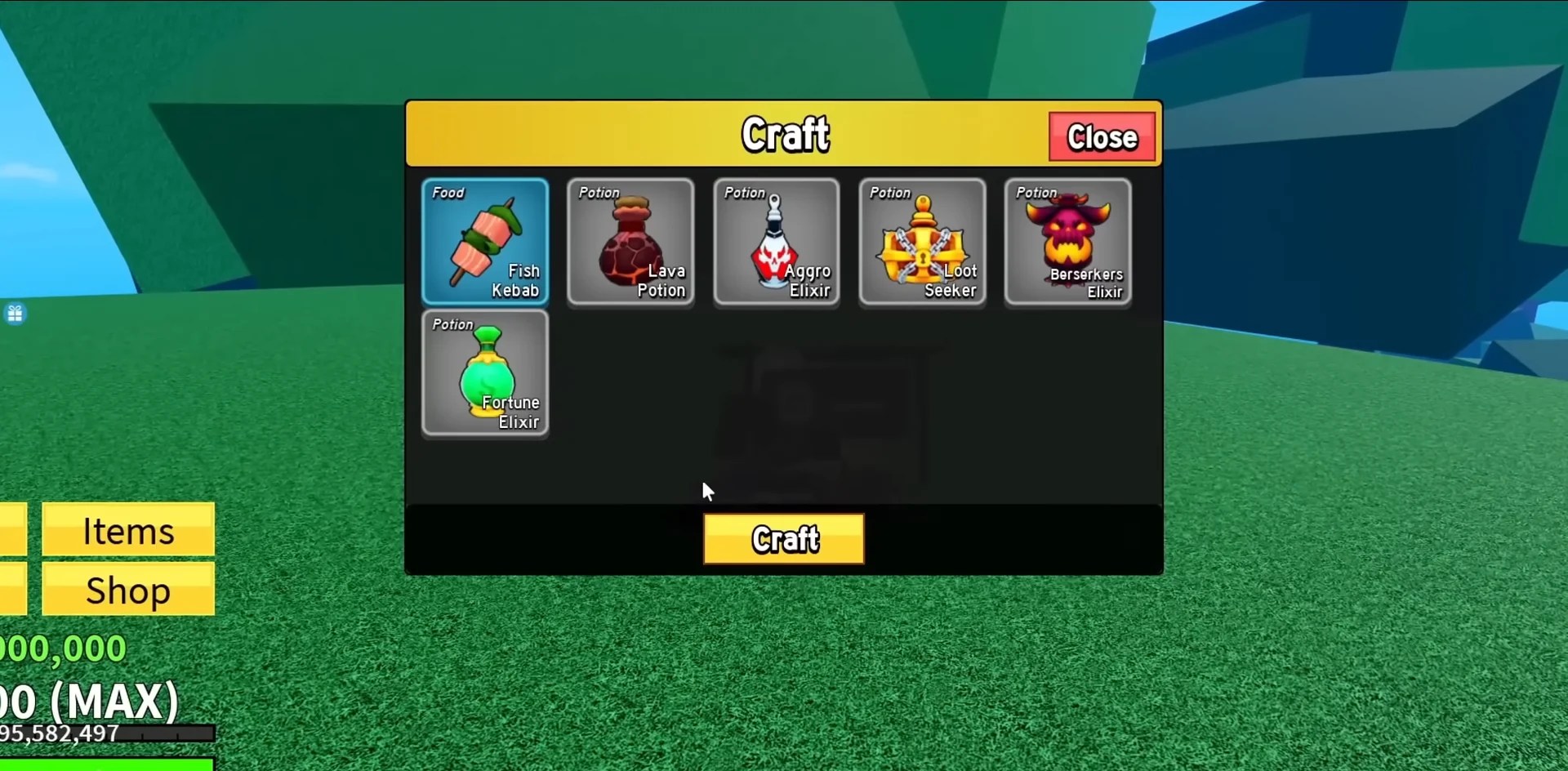 Visualização do menu de criação de poções em frutas blox.