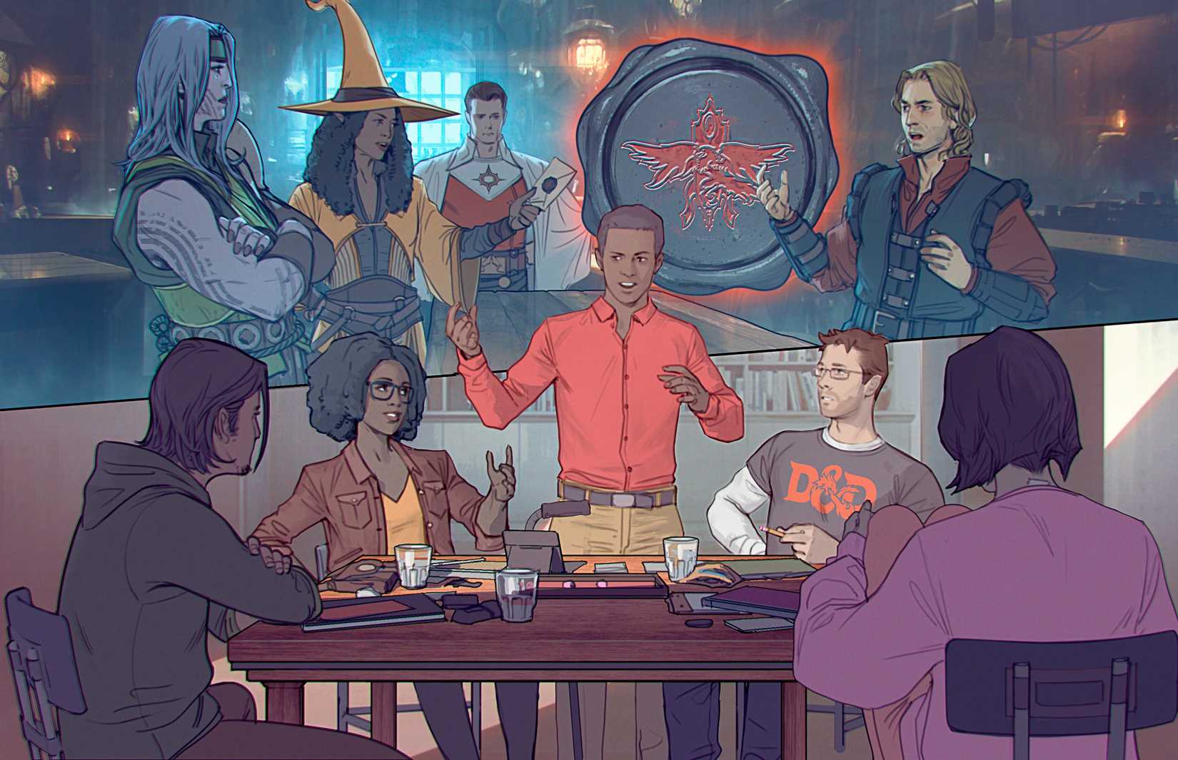 Cinco interpretantes sentam-se em torno de uma mesa, pois seu partido de aventureiros é imaginado no espaço acima deles em uma ilustração da edição de 2024 do manual do jogador de Dungeons & Dragons.