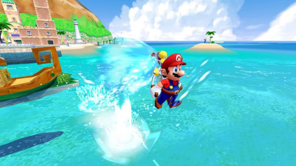 Mario se levantando para fora da água em Super Mario Sunshine