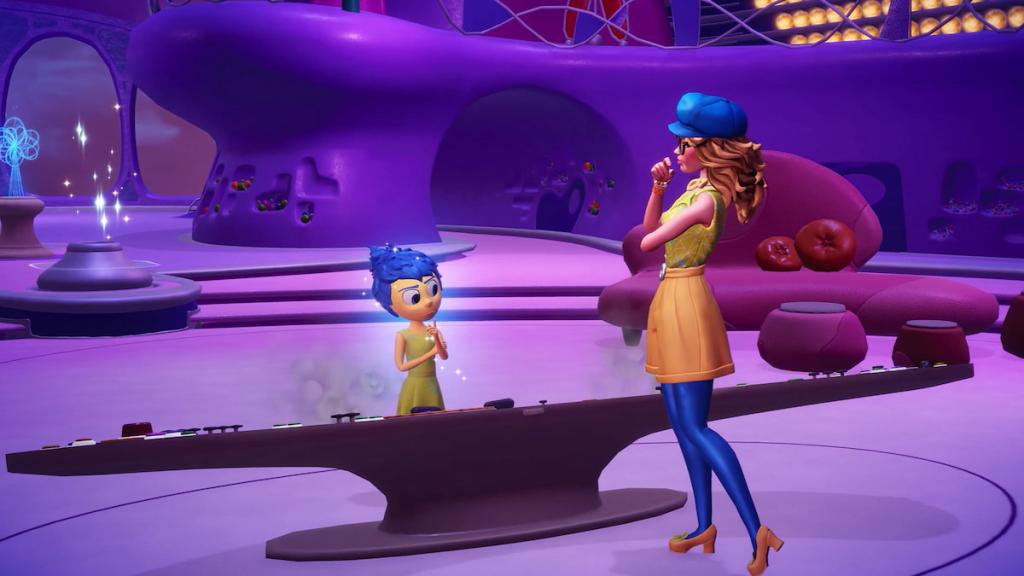Um personagem conversando com Joy pelo painel de emoção de dentro para fora em Disney Dreamlight Valley