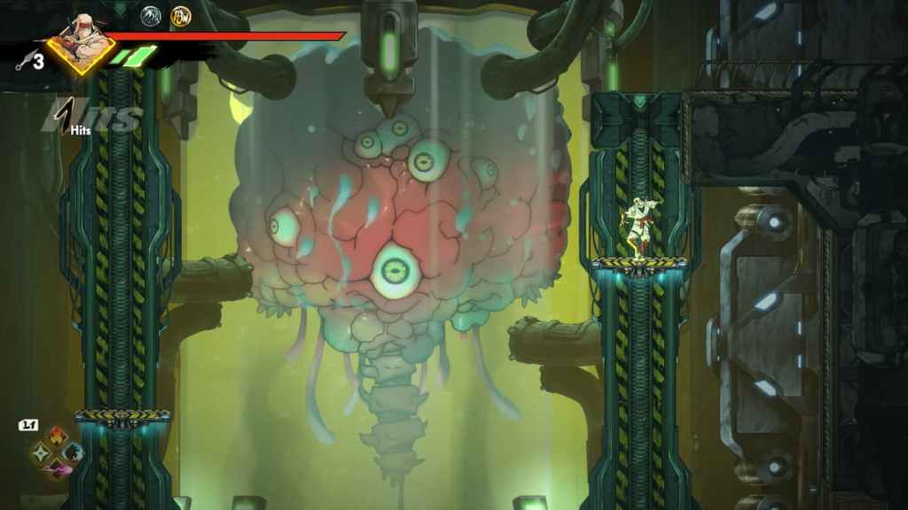 Joe Musashi em pé em uma plataforma com um cérebro enorme com olhos em uma jarra atrás dele em Shinobi: Art of Vengeance.