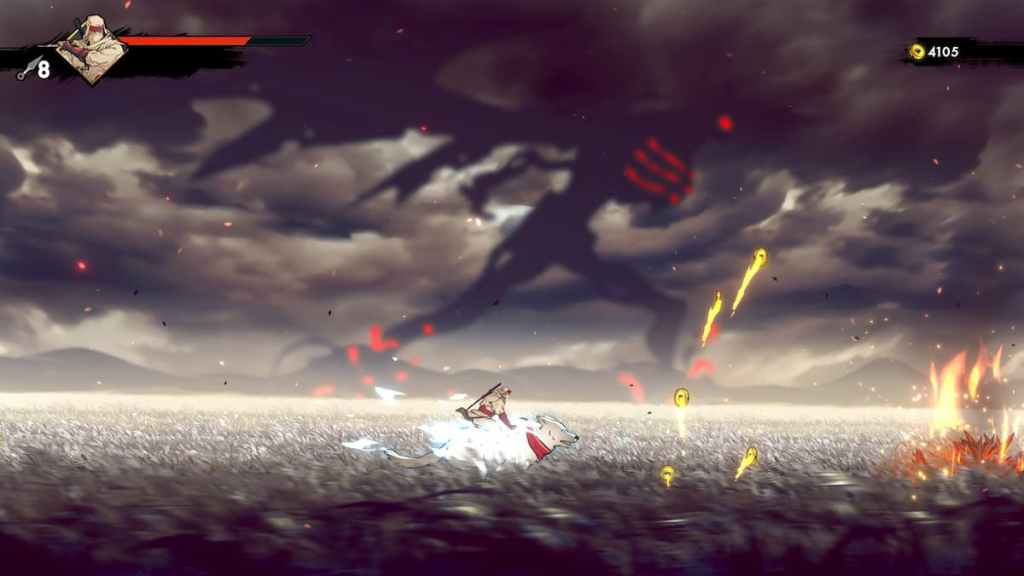 Joe Musashi montando seu lobo, Yamato, enquanto uma criatura enorme corre ao fundo em Shinobi: Art of Vengeance.
