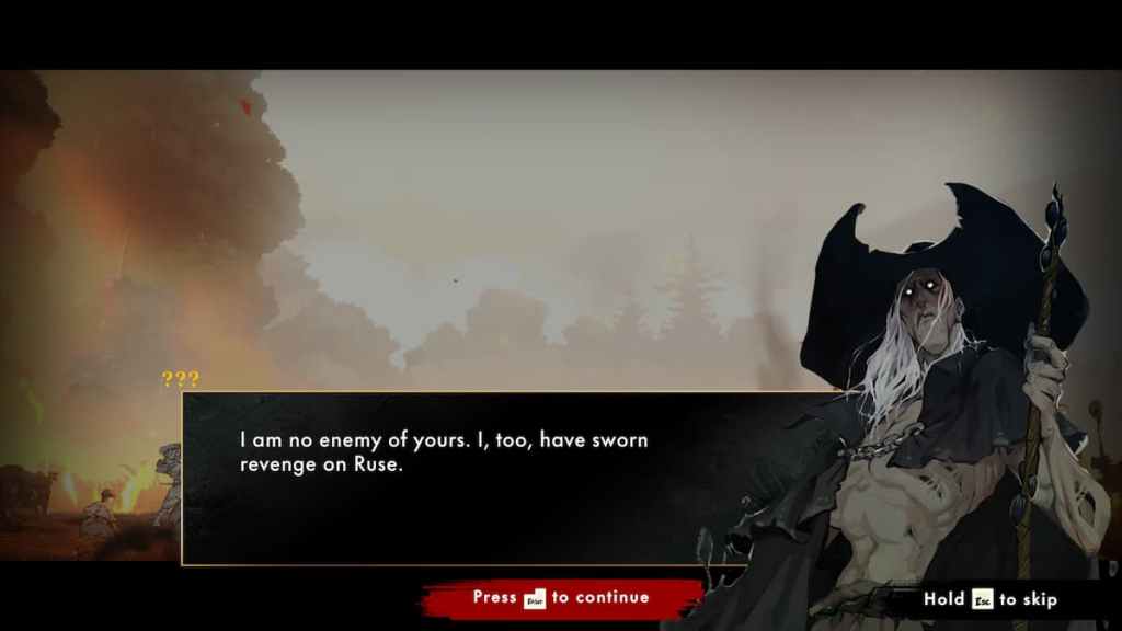 Um homem vestindo uma túnica e um chapéu enorme falando em Shinobi: Arte da Vengeance.