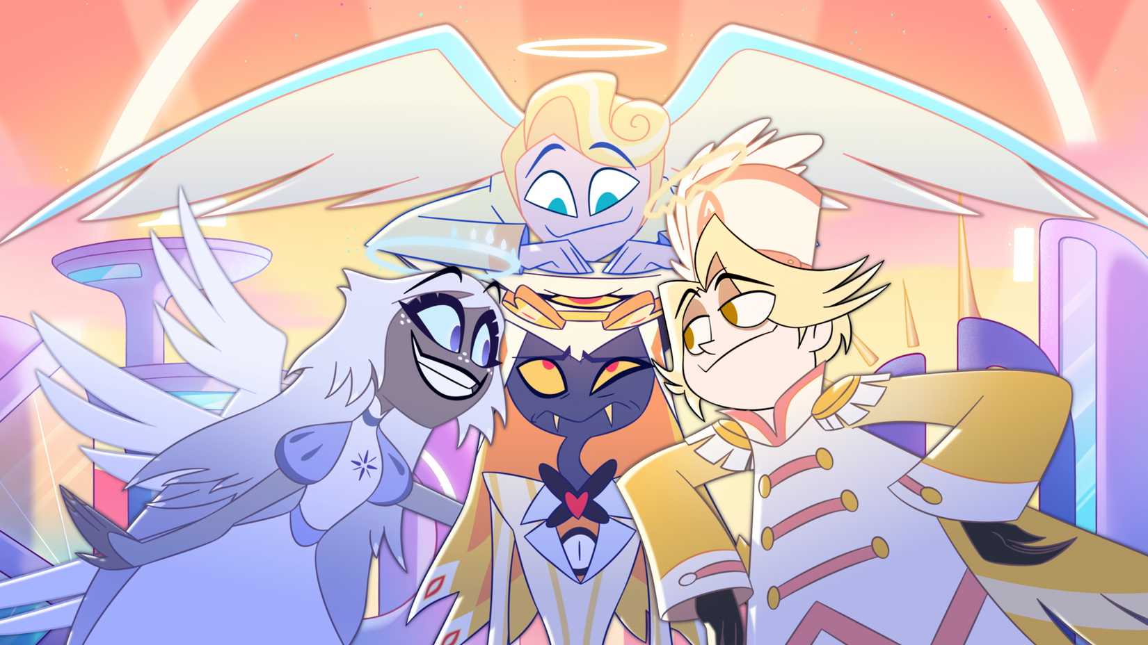 Cobra Demon Sir Pentious parece duvidoso enquanto três habitantes sorridentes e vestidos de branco do céu pressionam-o, sorrindo, no Hazbin Hotel Season 2