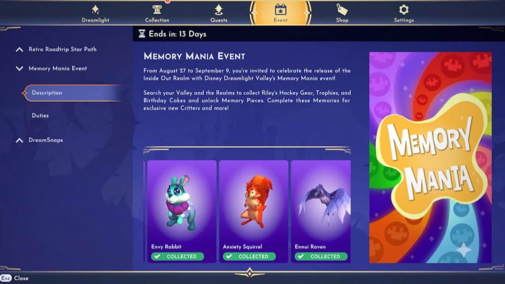 Página de eventos de mania de memória em Disney Dreamlight Valley