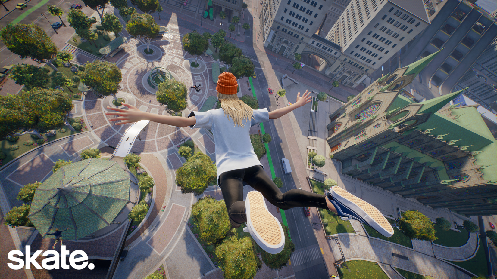 Um skatista Skydives em skate.