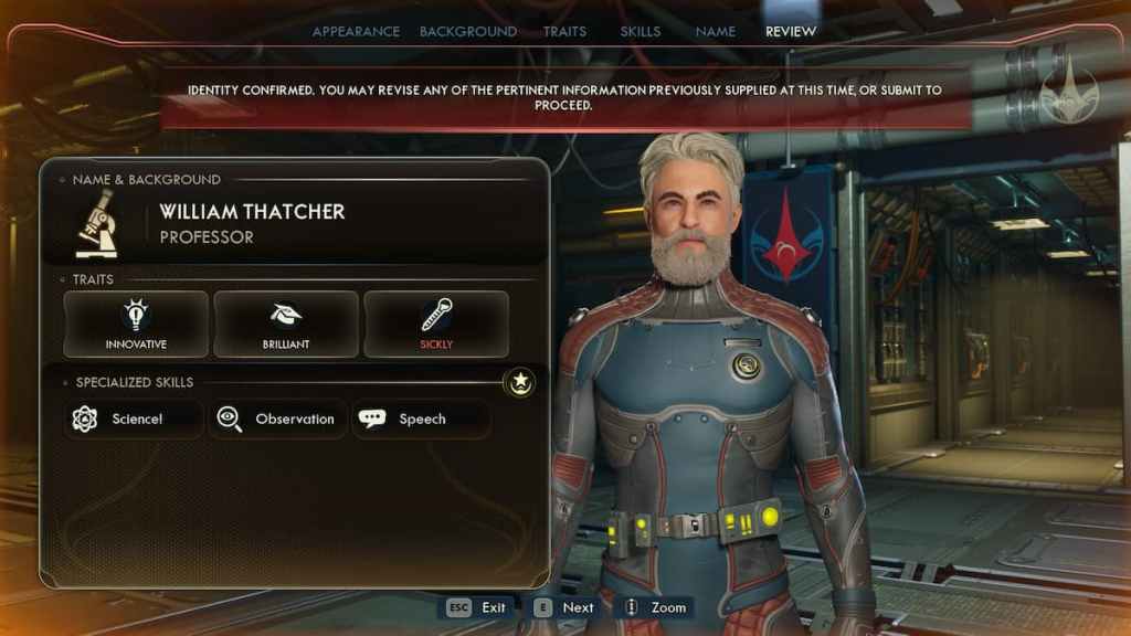 Um personagem envelhecido com cabelos brancos e barba em uma nave espacial no mundo externo 2.