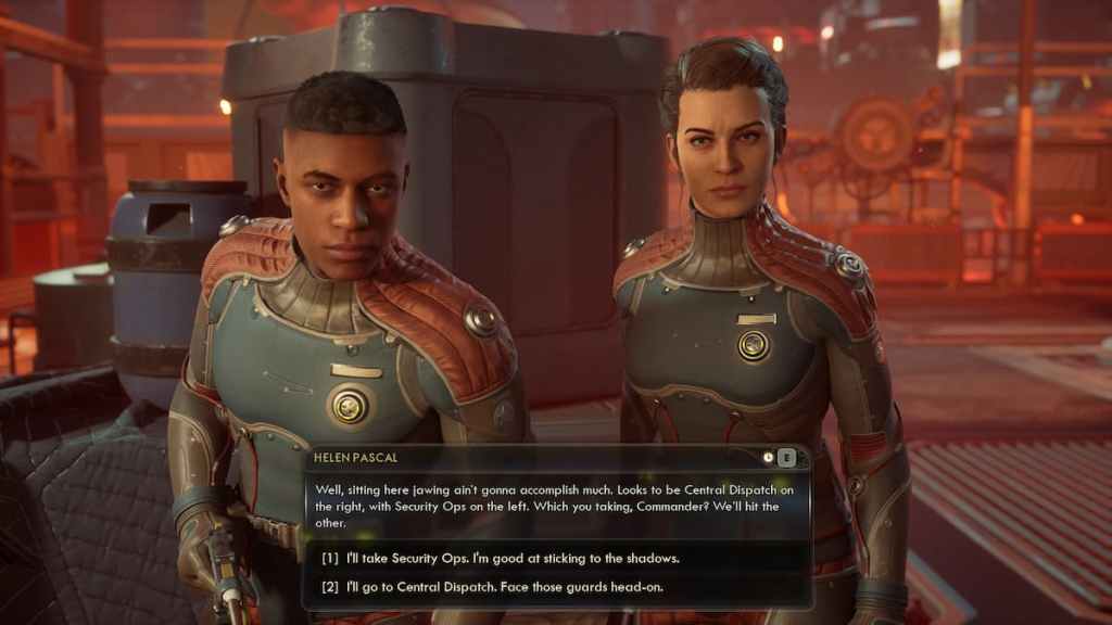 Dois personagens falando ao personagem principal em uma estação espacial no mundo externo 2.