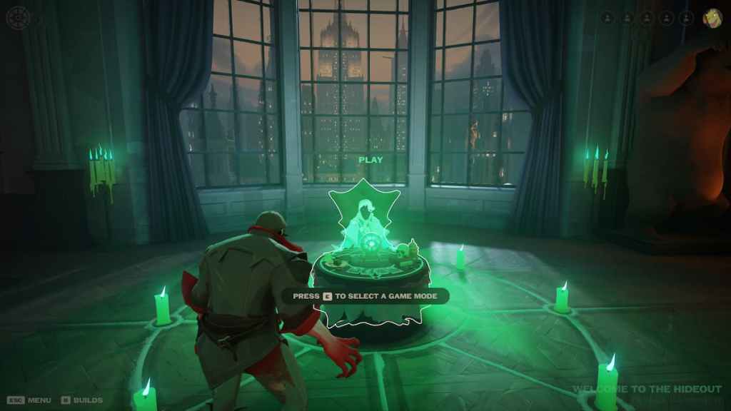 O vagabundo em pé em frente a uma mulher fantasma com uma bola mágica em um apartamento rústico Art Deco, com o horizonte de Nova York dos anos 20, em segundo plano, em Deadlock.