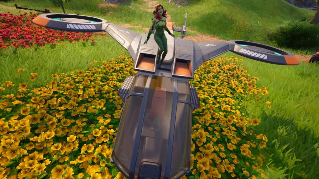 Poison Ivy em pé em um hammerhead Choppa em Fortnite