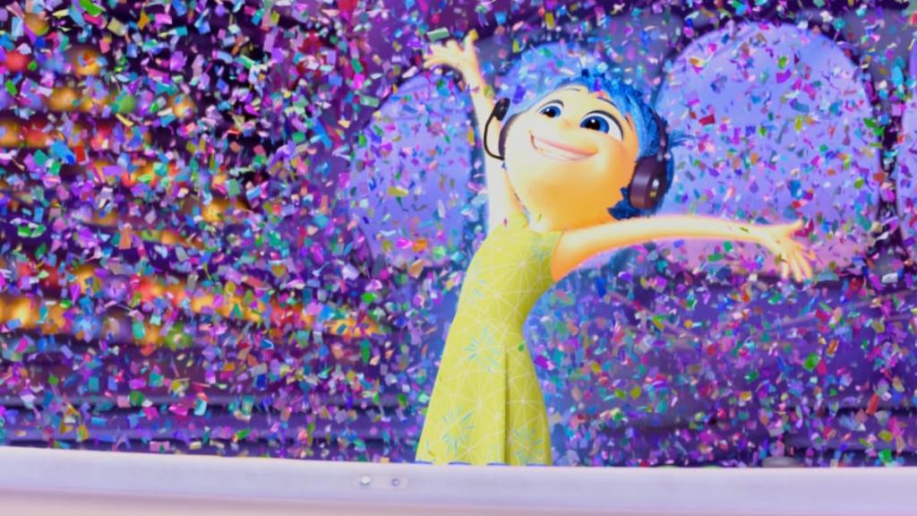 Joy cercada por confetes dentro de fora no Disney Dreamlight Valley