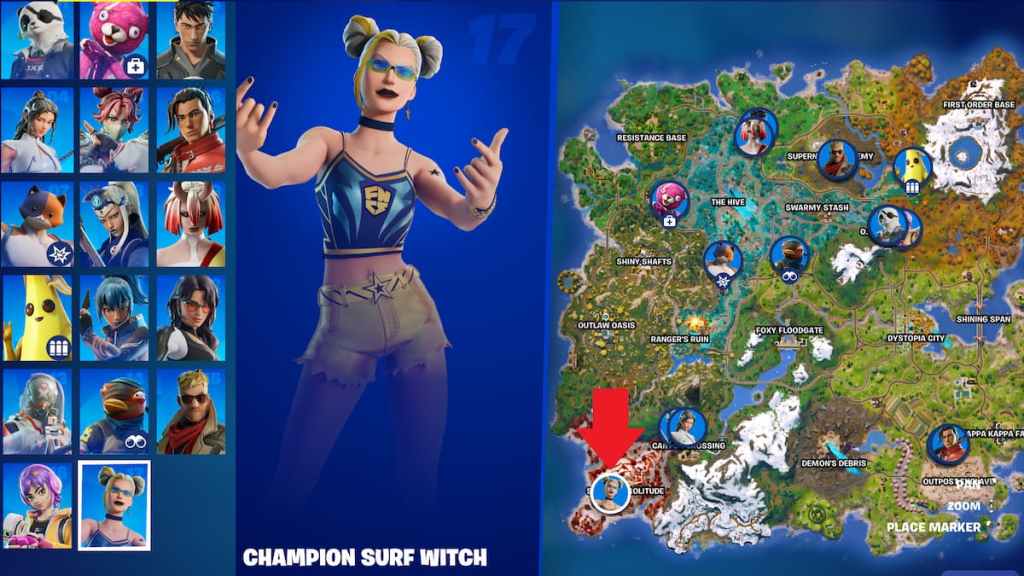 Localização do mapa das bruxas de surf campeonato marcada Fortnite