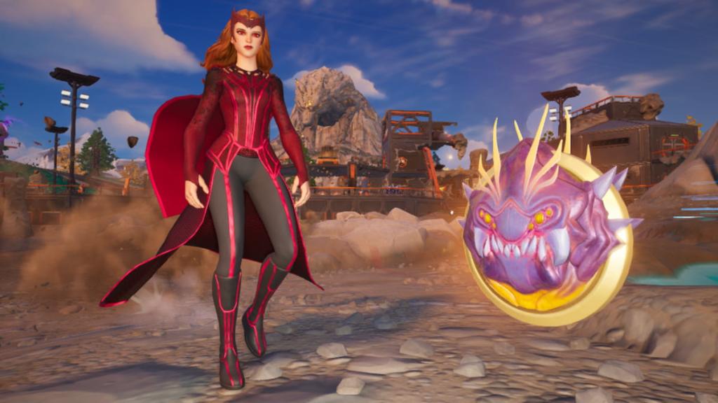 Scarlet Witch Walking por um medalhão no chão em Fortnite