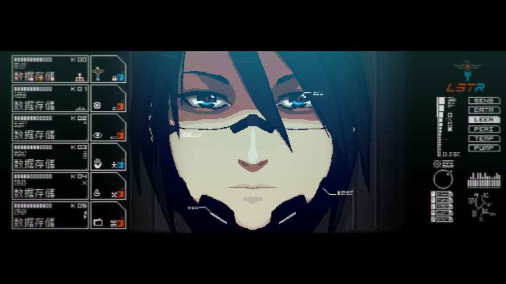 Elster, o Android e protagonista do Signalis, olhando solenemente para a câmera cercada por todos os tipos de menus digitais.